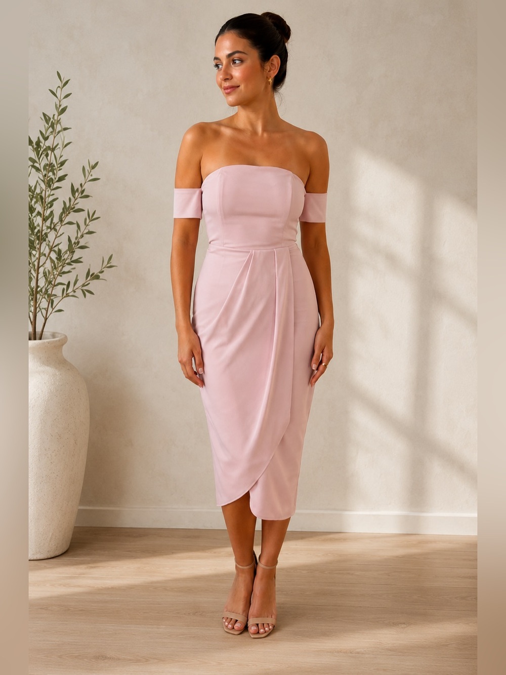 Off-Shoulder Pink Midi Dress